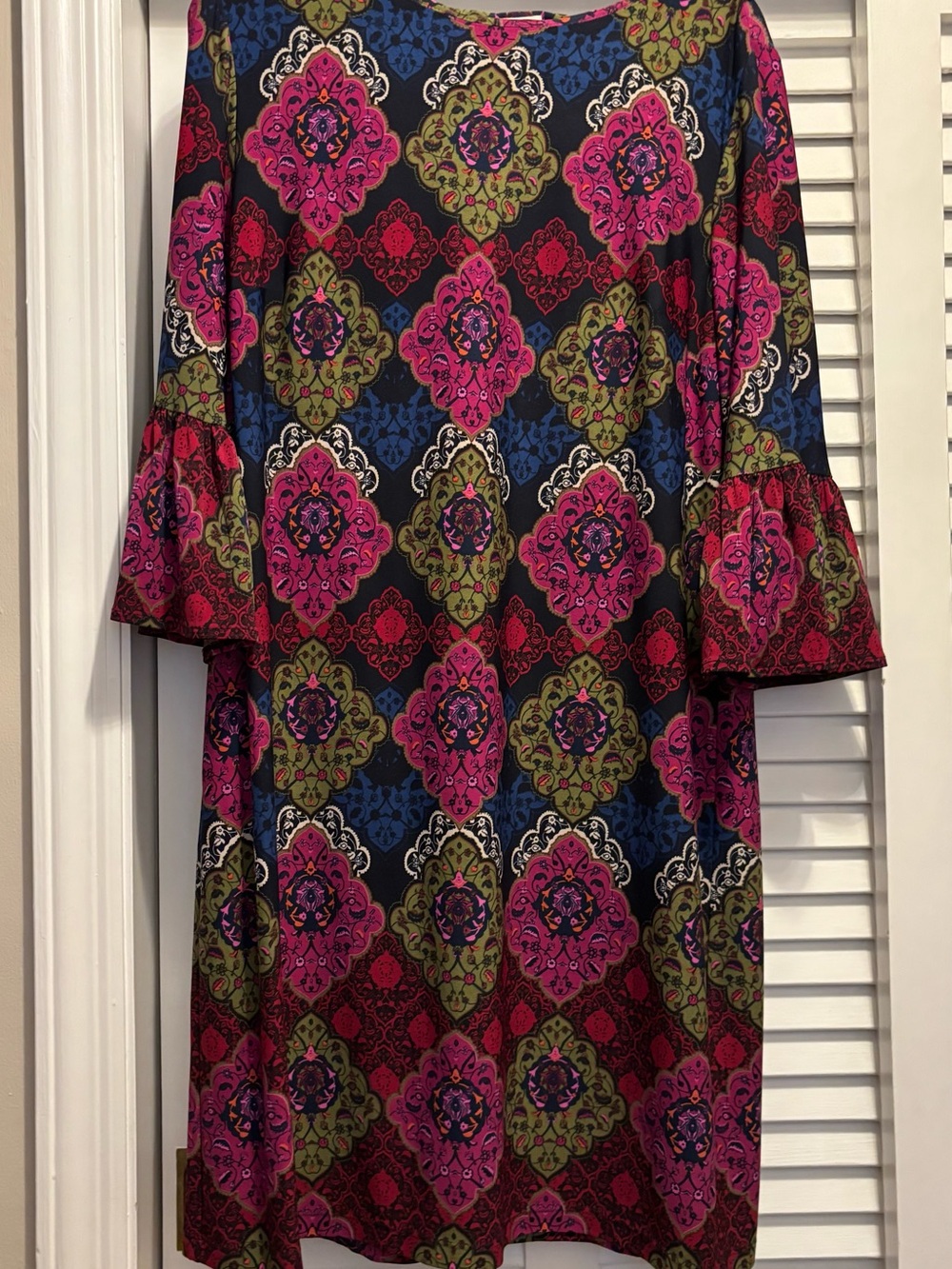 Chico's Pink Multi-Pattern Bell Sleeve Midi Dress